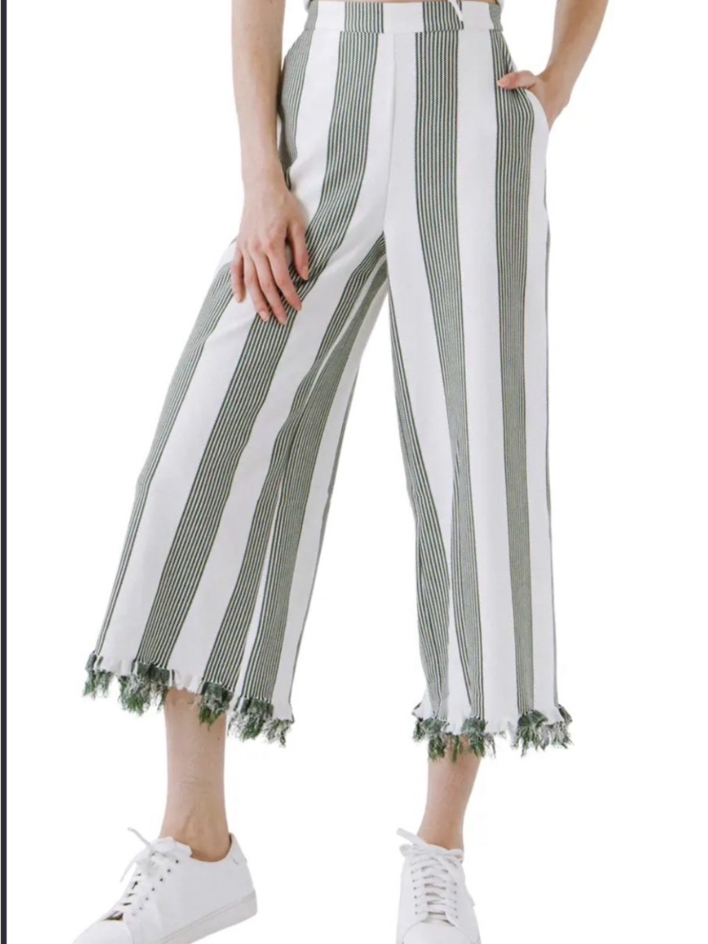 English Factory Green and White Wide-Leg Crop Pants